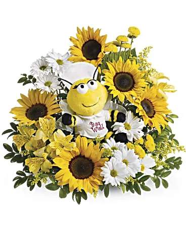 Bee Well Bouquet - We have just the cure for what ails them. A plush nurse bee is ready to buzz into service with enough fresh flowers to make anyone perk up. A plush bumble bee surrounded by sunny yellow sunflowers, yellow button chrysanthemums, alstroemeria and white daisies.