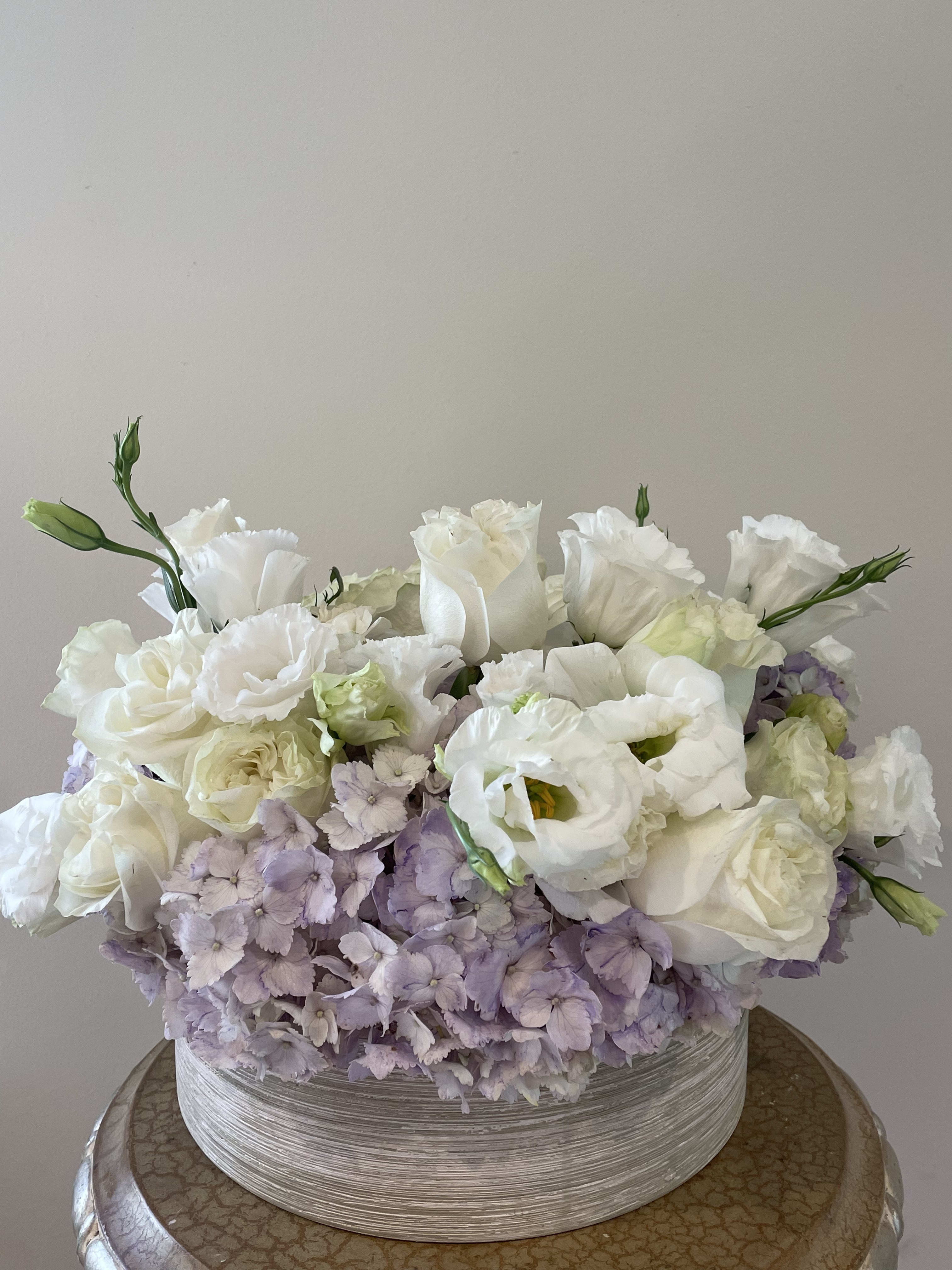 Purpleish - Purple hydrangeas, white roses, lisianthus