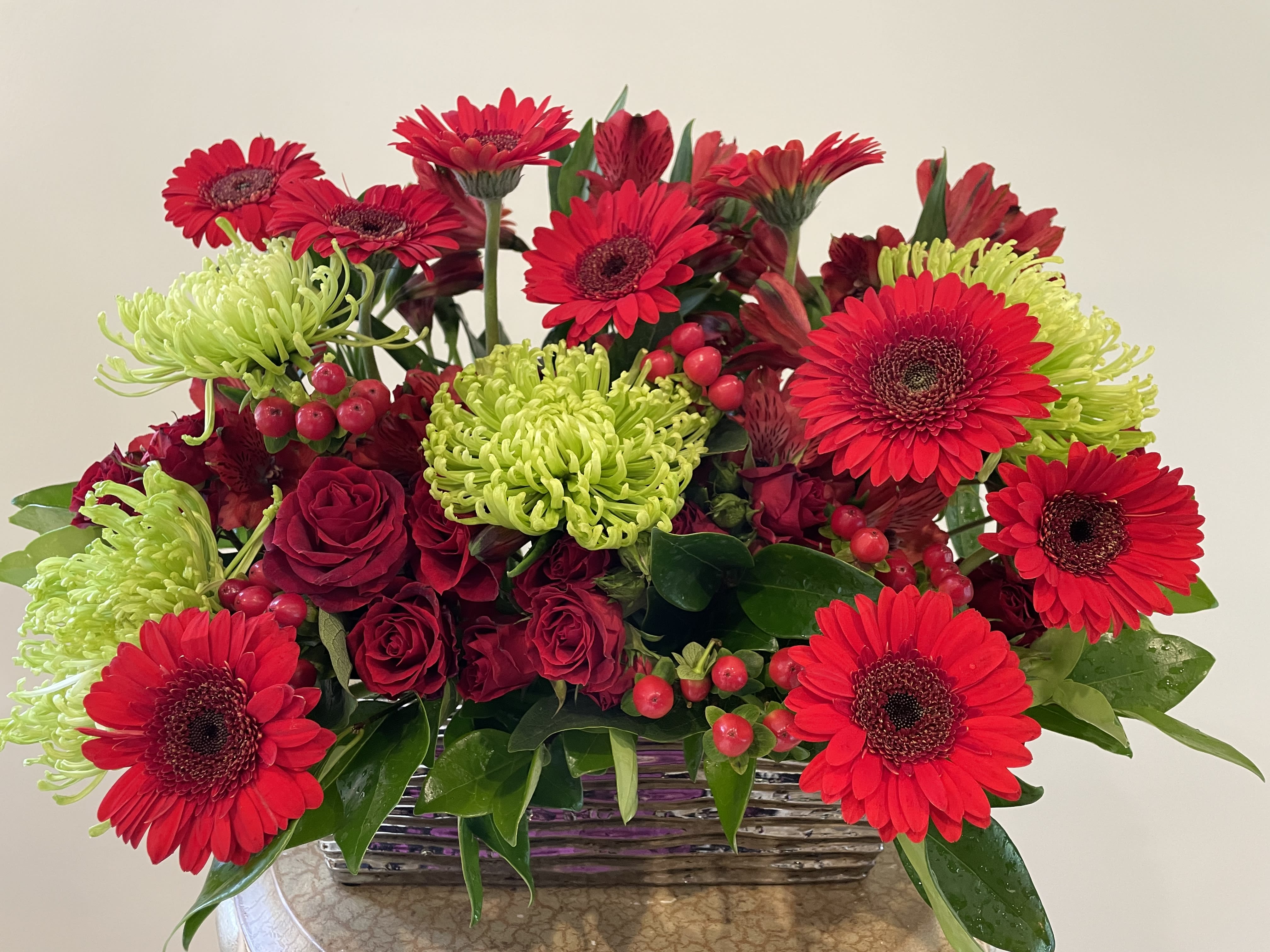 Cherry - Red roses, red Gerbera daisies, green chrysanthemum, red alstromeria