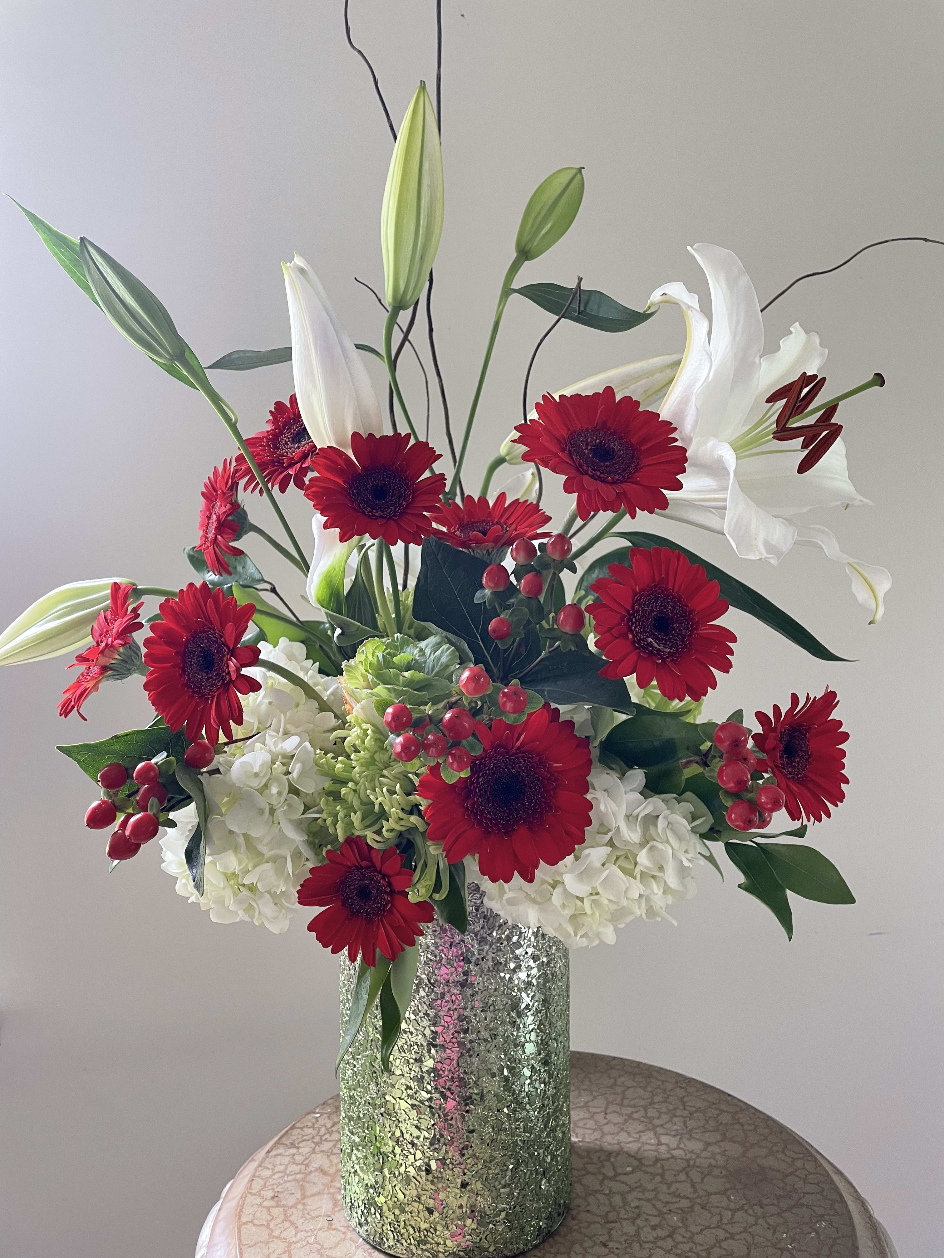 Happy days - White hydrangea, Casablanca lilies, Gerbera daisies, alstromeria