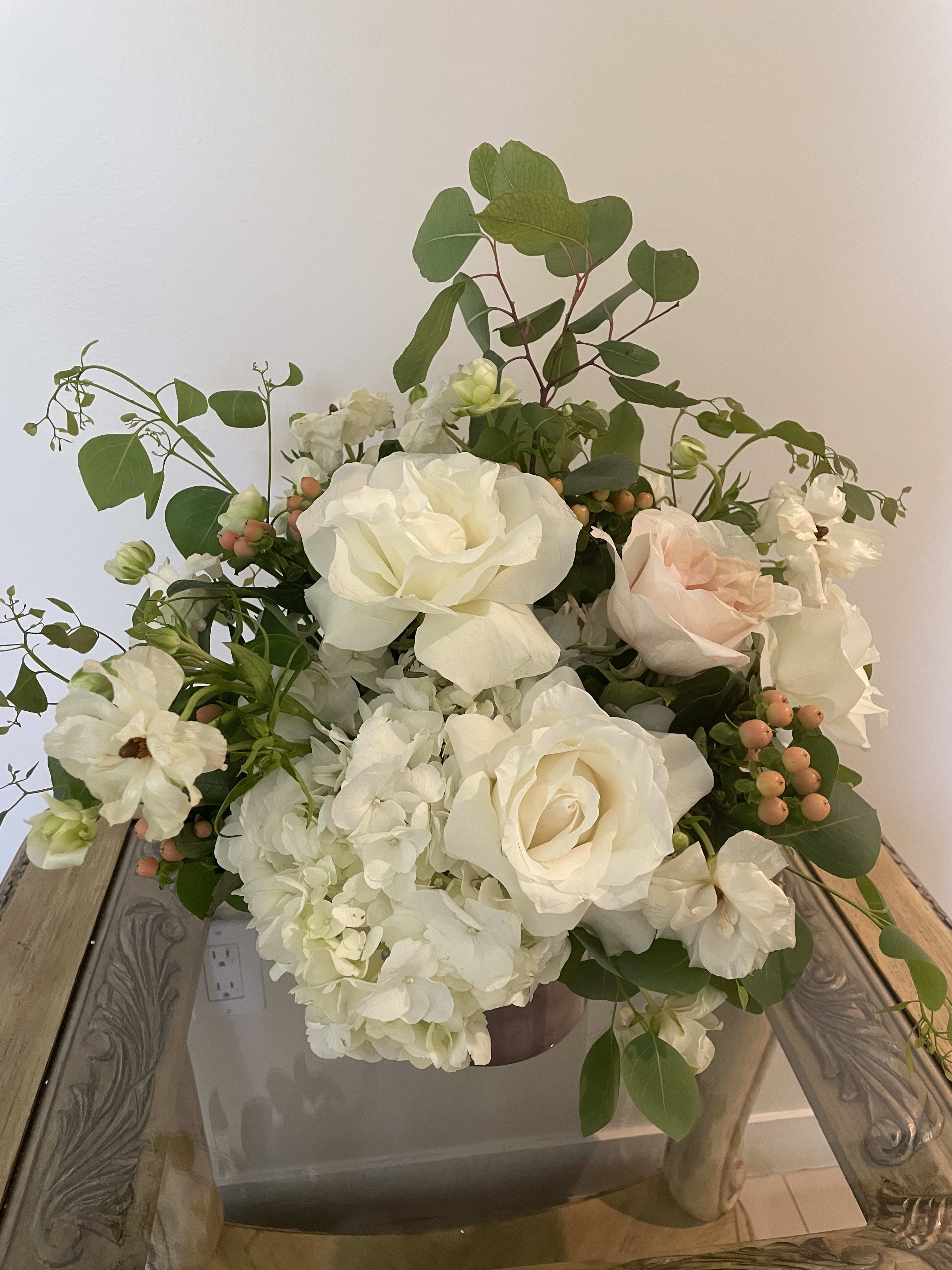 Rose &amp; Cream - Soft pastel roses, white roses, white hydrangea and ranunculus accented by eucalyptus leaves 