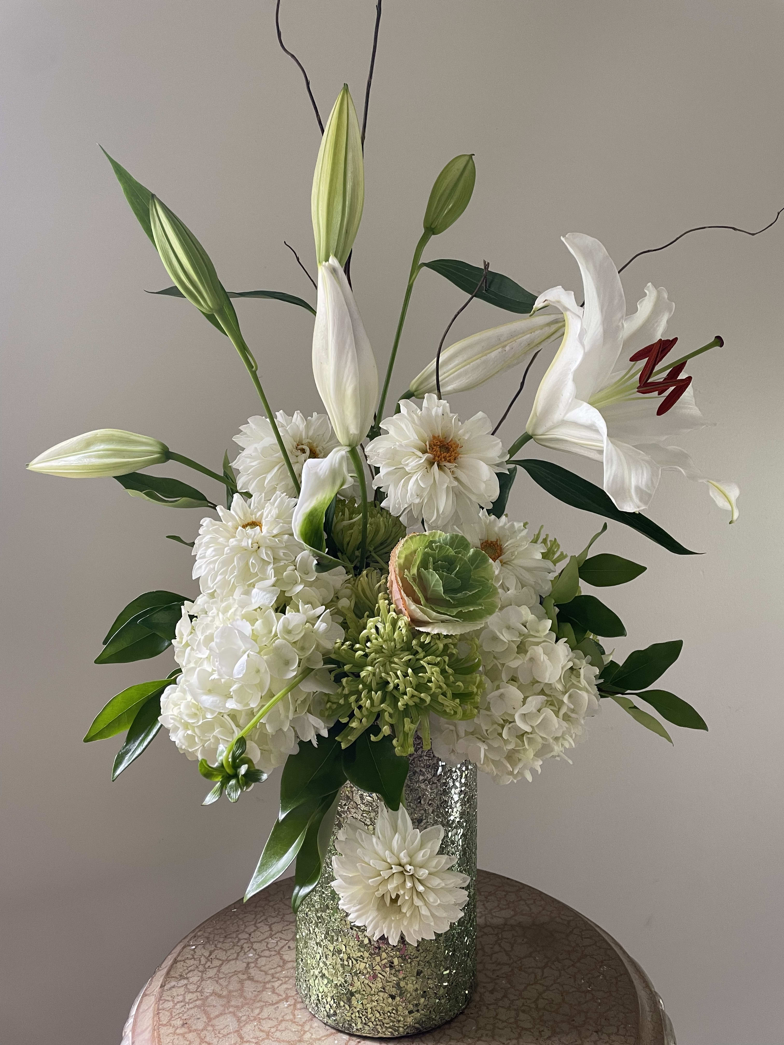 Charming Charming - White hydrangeas, white dahlia, green chrysanthemum and of course white lilies