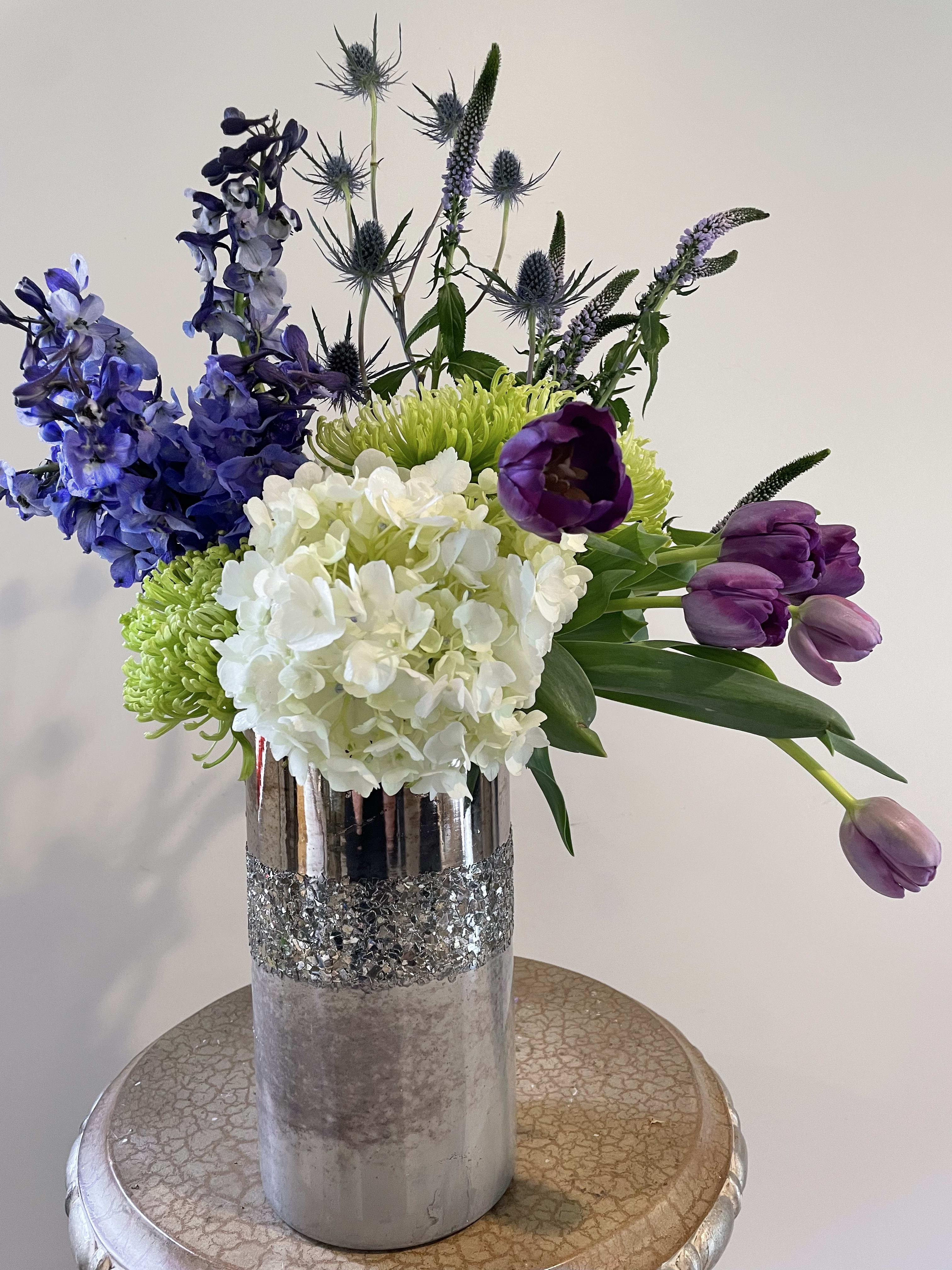 Purple passion  - White hydrangeas, purple tulips, green chrysanthemum, purple delphinium