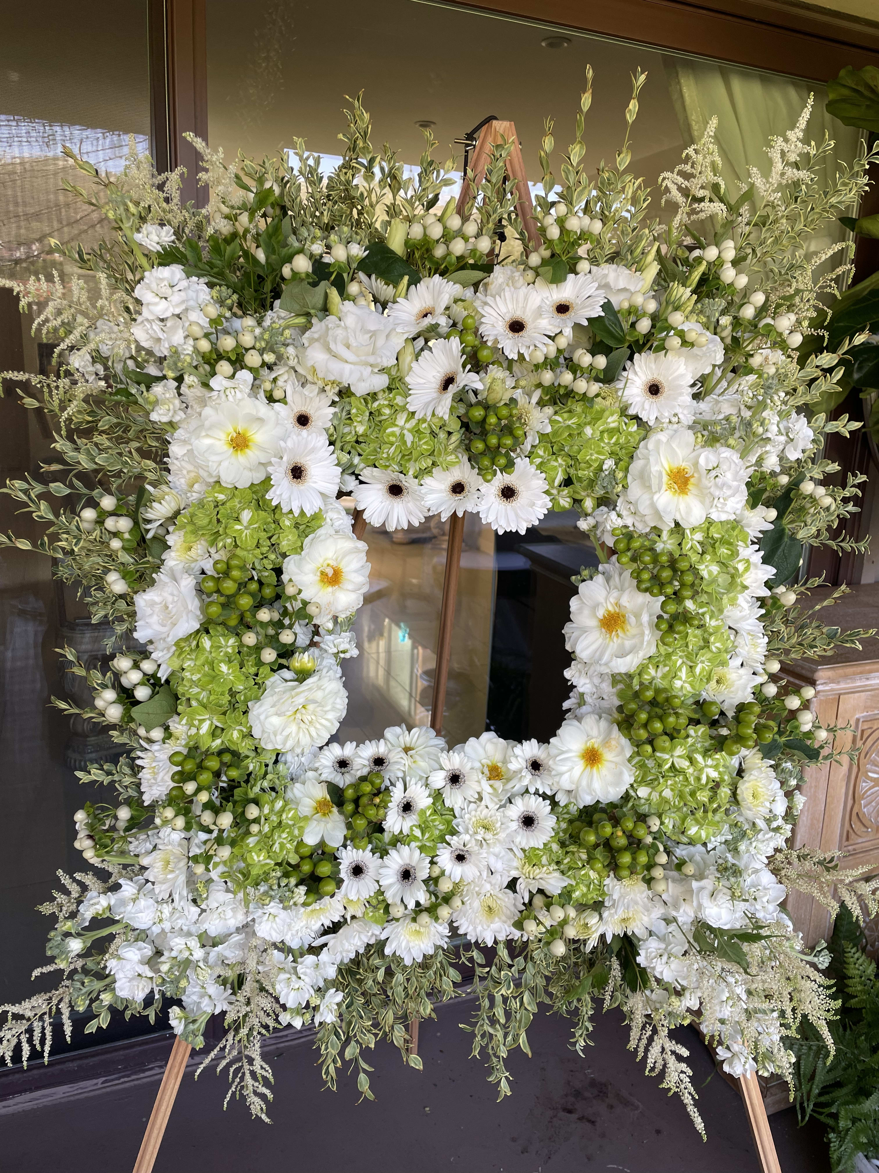 Thinking of you - Green hydrangeas, white dahlias, white Gerbera daisy, white stock
