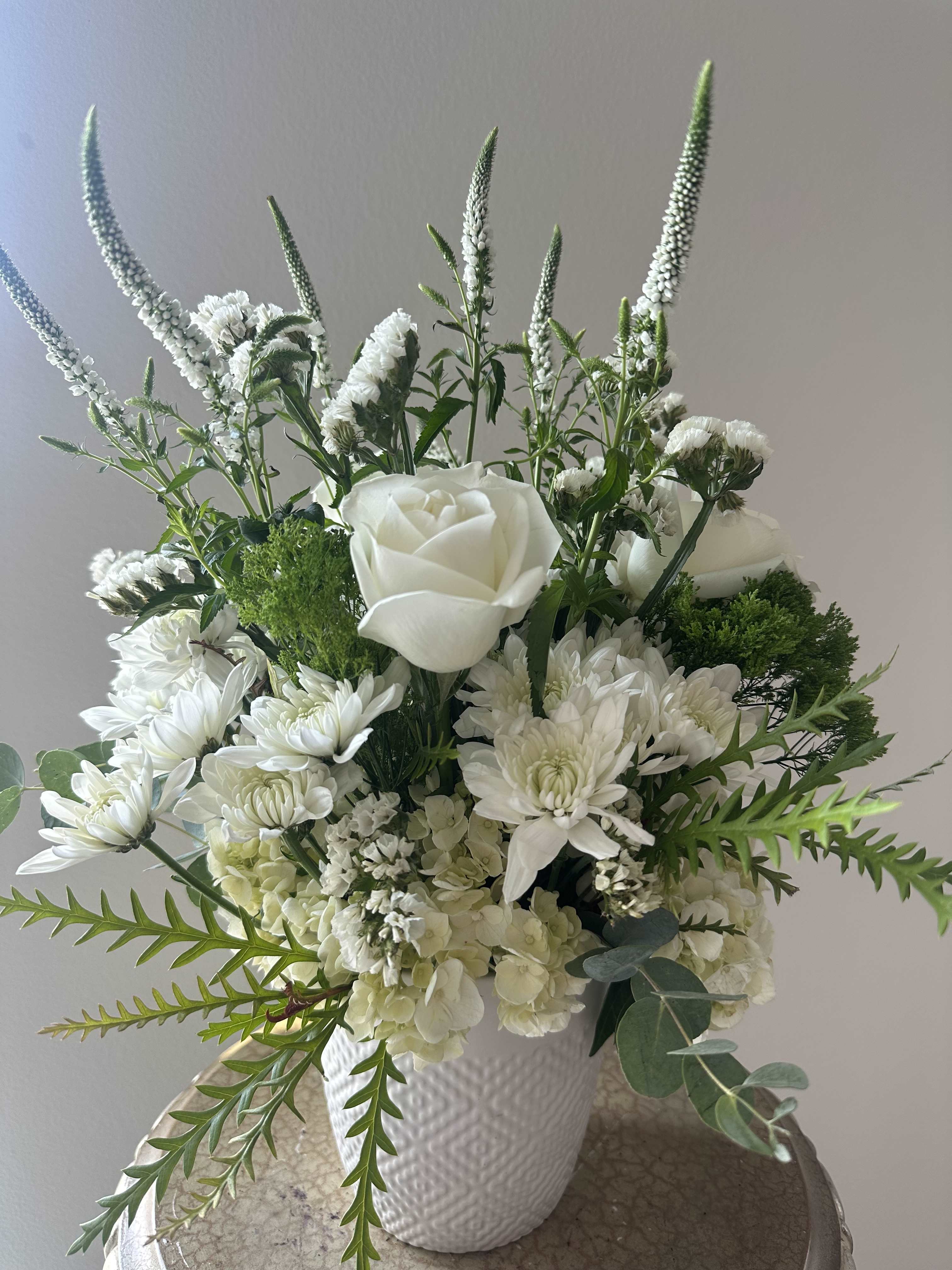 hydrangeas, roses, come on Veronica, mums - Simple arrangement of white flowers and greens 