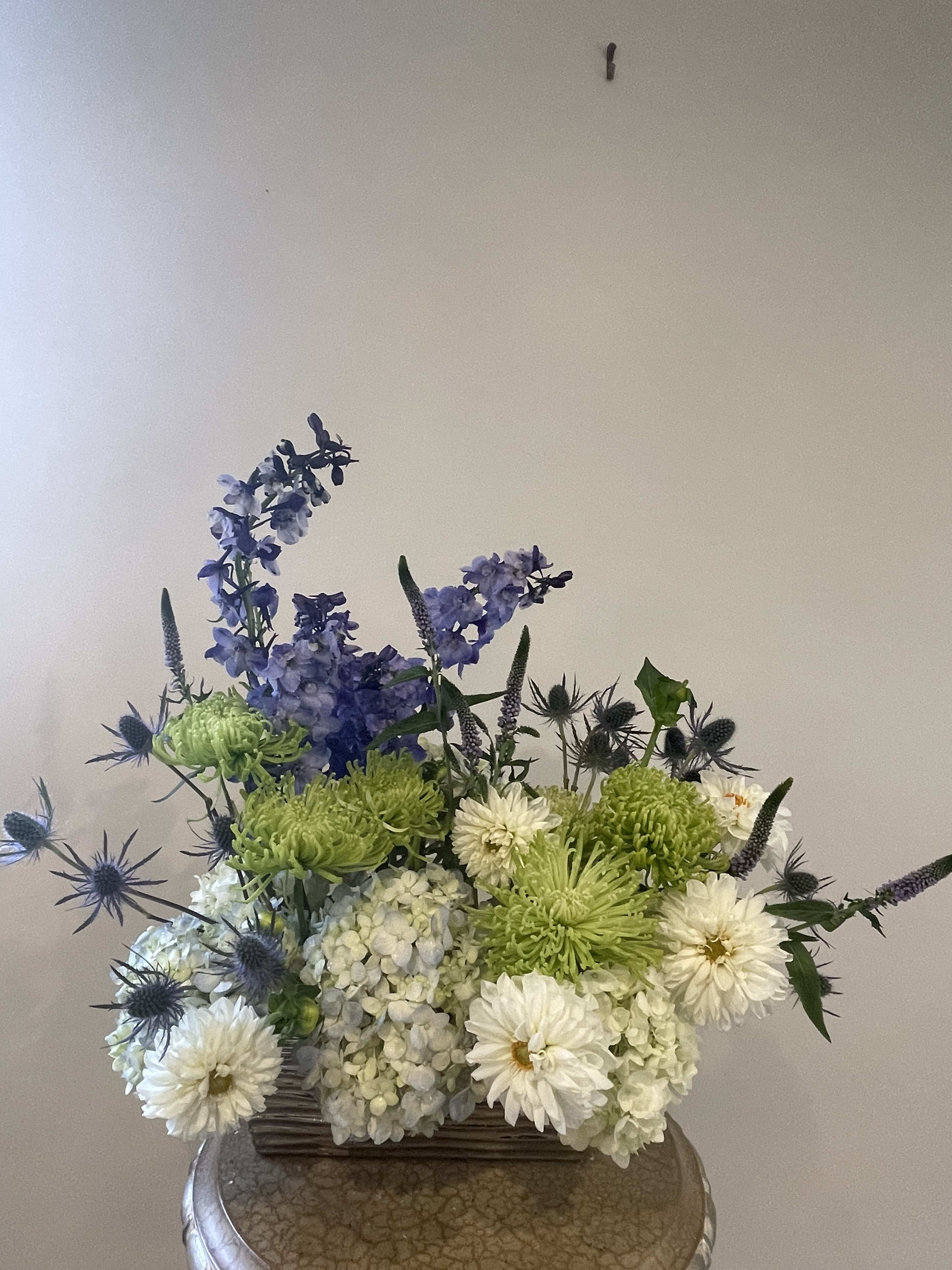 Blue pride - Blue hydrangeas, green chrysanthemums, white dahlias &amp; blue/purple delphinium