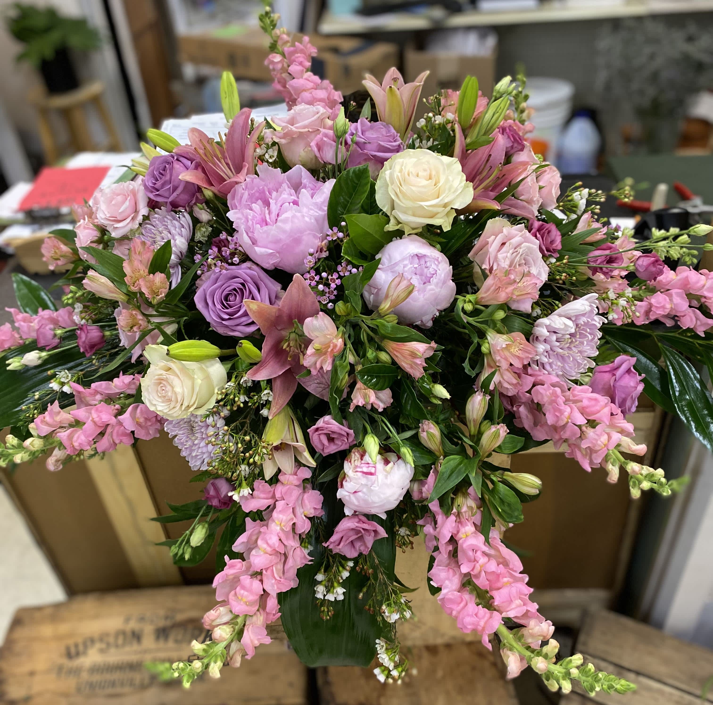 memorial spray - This memorial spray is made up of roses, lilies, snapdragon. 