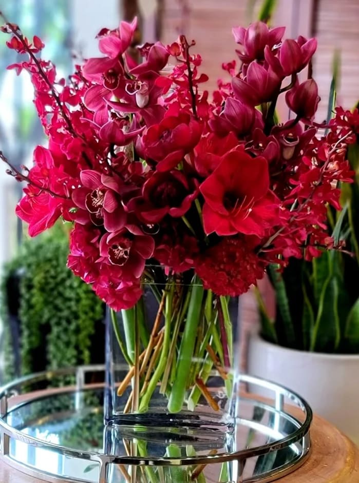 Red James Storie - Discover the epitome of floral elegance at Dave's Flowers, your go-to local florist for captivating arrangements. Immerse yourself in the beauty of our vibrantly stunning creation featuring James Storie Red aranthera Orchids, red Amaryllis, and Burgundy cymbidium orchids, all artfully arranged in a stylish glass container. This masterpiece is more than a bouquet; it's an expression of sophistication and thoughtfulness, perfect for elevating any special occasion.  At Dave's Flowers, we understand that every moment is unique, and so are your floral preferences. Contact us to custom-create a one-of-a-kind arrangement tailored to your specific taste and budget. Our dedicated team is ready to bring your vision to life, ensuring your floral gift is as special and memorable as the occasion itself.  Experience the unparalleled artistry of Dave's Flowers – where creativity meets quality. From James Storie Red aranthera Orchids to the rich tones of Burgundy cymbidium orchids, our floral compositions are designed to leave a lasting impression. Call us today to infuse your special moments with the beauty of bespoke floral arrangements from Dave's Flowers.