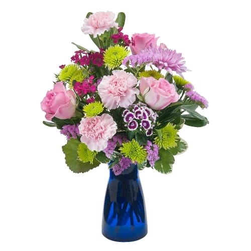 Admire TMF-590 - Long lasting varieties of pastel color flowers in a cobalt blue vase.  Approximately 5&quot; W X 12&quot; H  As Shown : TMF-590