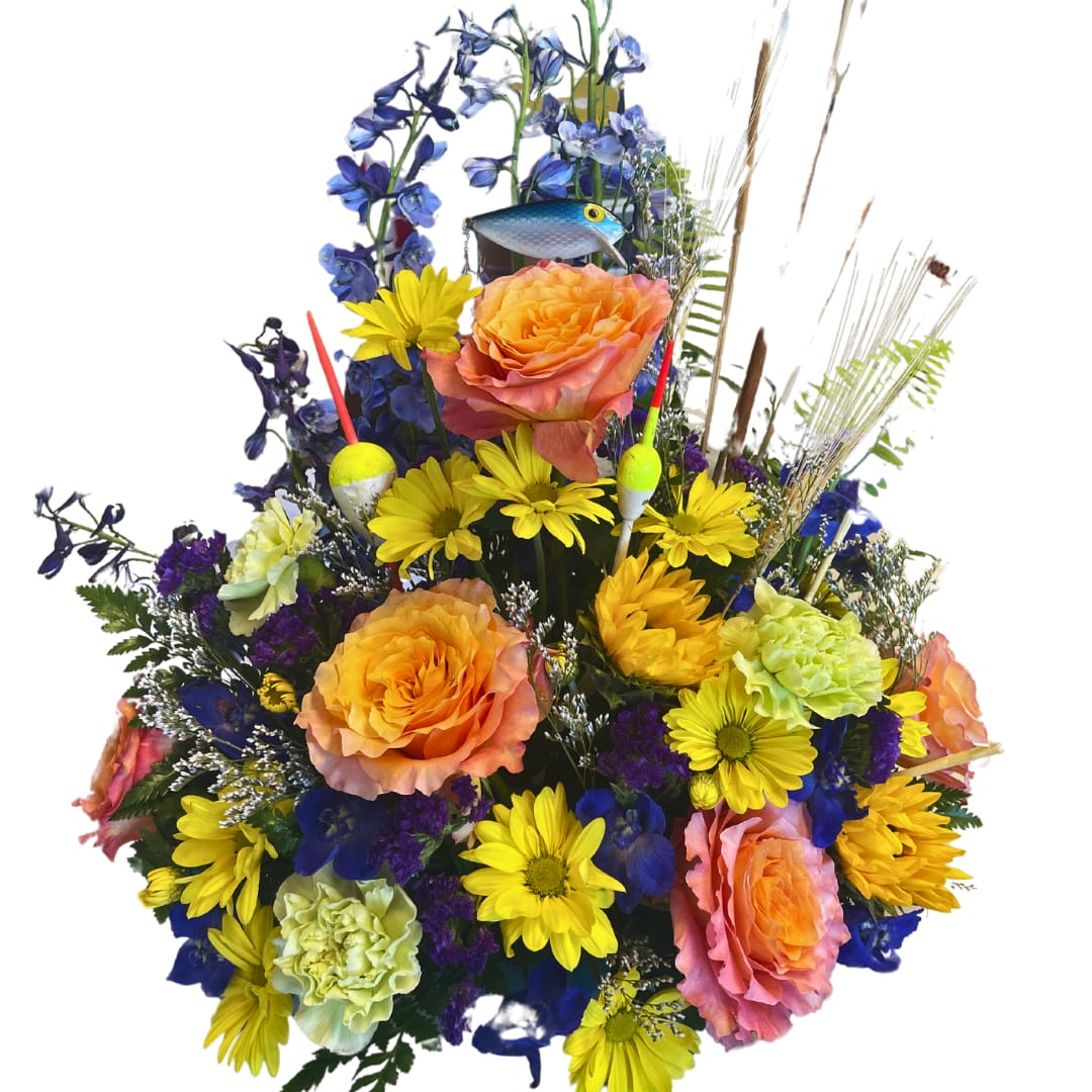 Fisherman’s Farewell - The Fisherman's Farewell is a spirited and colorful homage to the passion of fishing enthusiasts. This lively arrangement bursts with the exuberance of wildflowers, featuring a vivid array of roses, daisies, and statice in joyful shades of yellow, orange, and purple. Delicate blue delphiniums reach skyward like the clear expanse above a favorite fishing spot.  Tucked within the blooms, a miniature fishing lure and accents hint at serene days spent by the water, while wheat stalks add a touch of the untamed outdoors. This bouquet is an ode to the adventurous spirit and the peaceful solitude of the fisherman's pursuit, capturing the essence of cherished pastimes and the bright memories they create. It's a fitting centerpiece or gift that celebrates life's vibrant journey and the hobbies that enrich our souls.