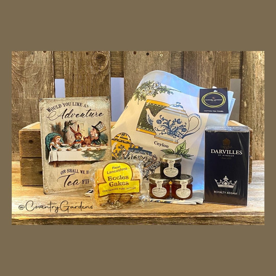 Tea Boutique T-03 - Samuel Lamont tea towel, 6&quot;x8&quot; metal art, Darville's tea, eccles cakes and TipTree trio preserves. You can add to this gift bag by choosing items from our &quot;add-ons&quot; or call us to custom create your own gift set from products in our Gallery ~ &quot;British &amp; Goodies,&quot;