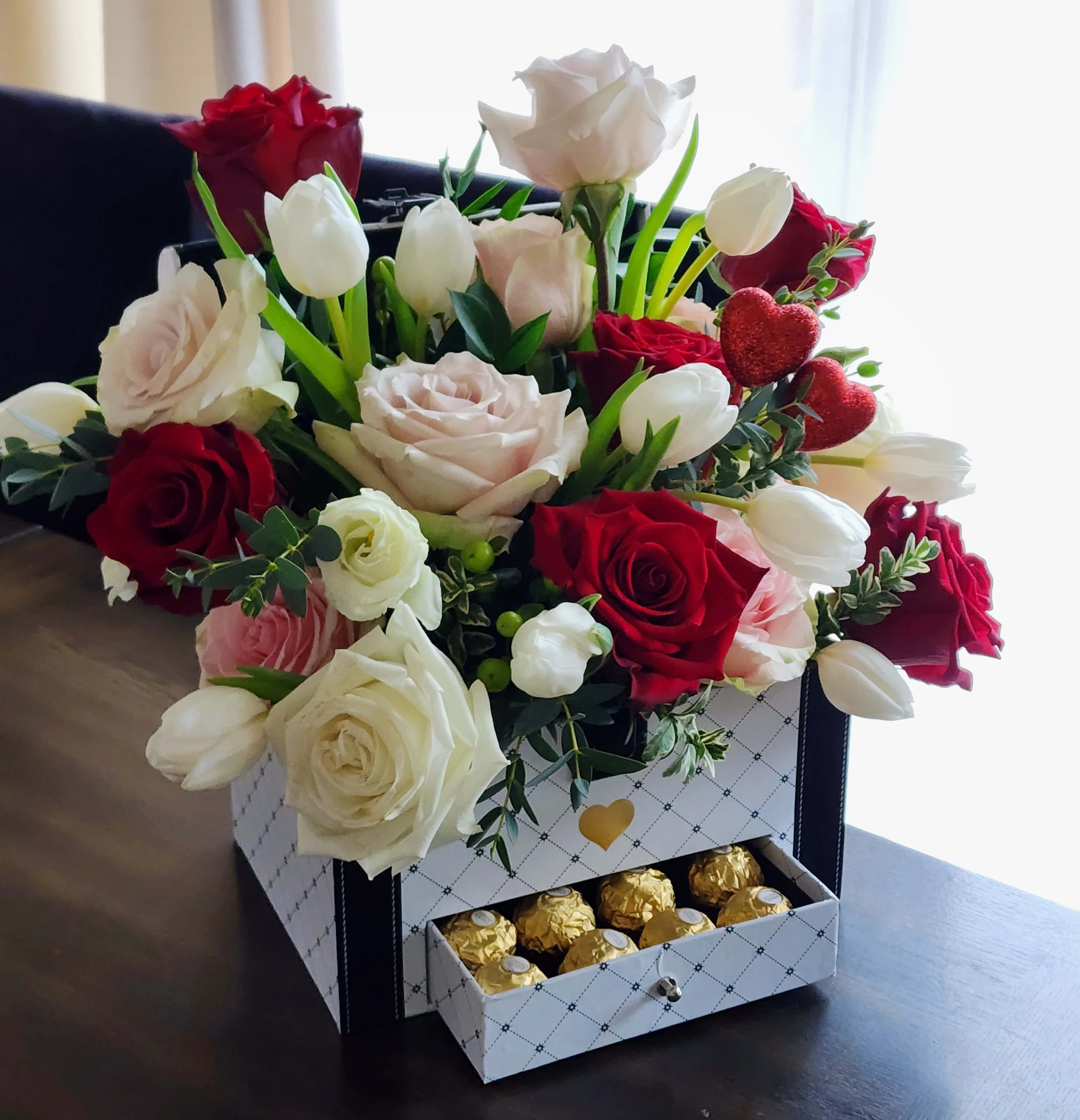 Designer choice in chic box with candy - Give your love, feelings, and emotions because- &quot;After women, flowers are the most lovely thing God has given the world&quot; Christian Dior  Chic box designer choice 