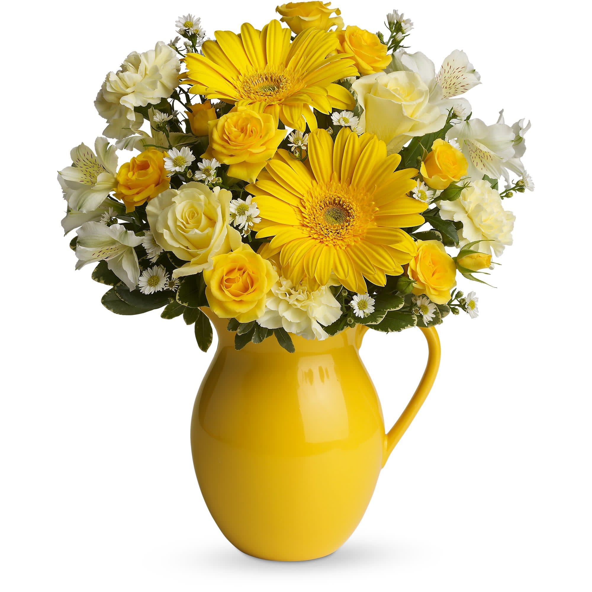 Teleflora's Sunny Day Pitcher of Cheer Teleflora's Sunny Day Pitcher of Cheer - This bouquet is just bright for any occasion! A bright and sunny medley of flowers is hand-delivered in a brilliant ceramic pitcher that can be joyfully used over and over again.