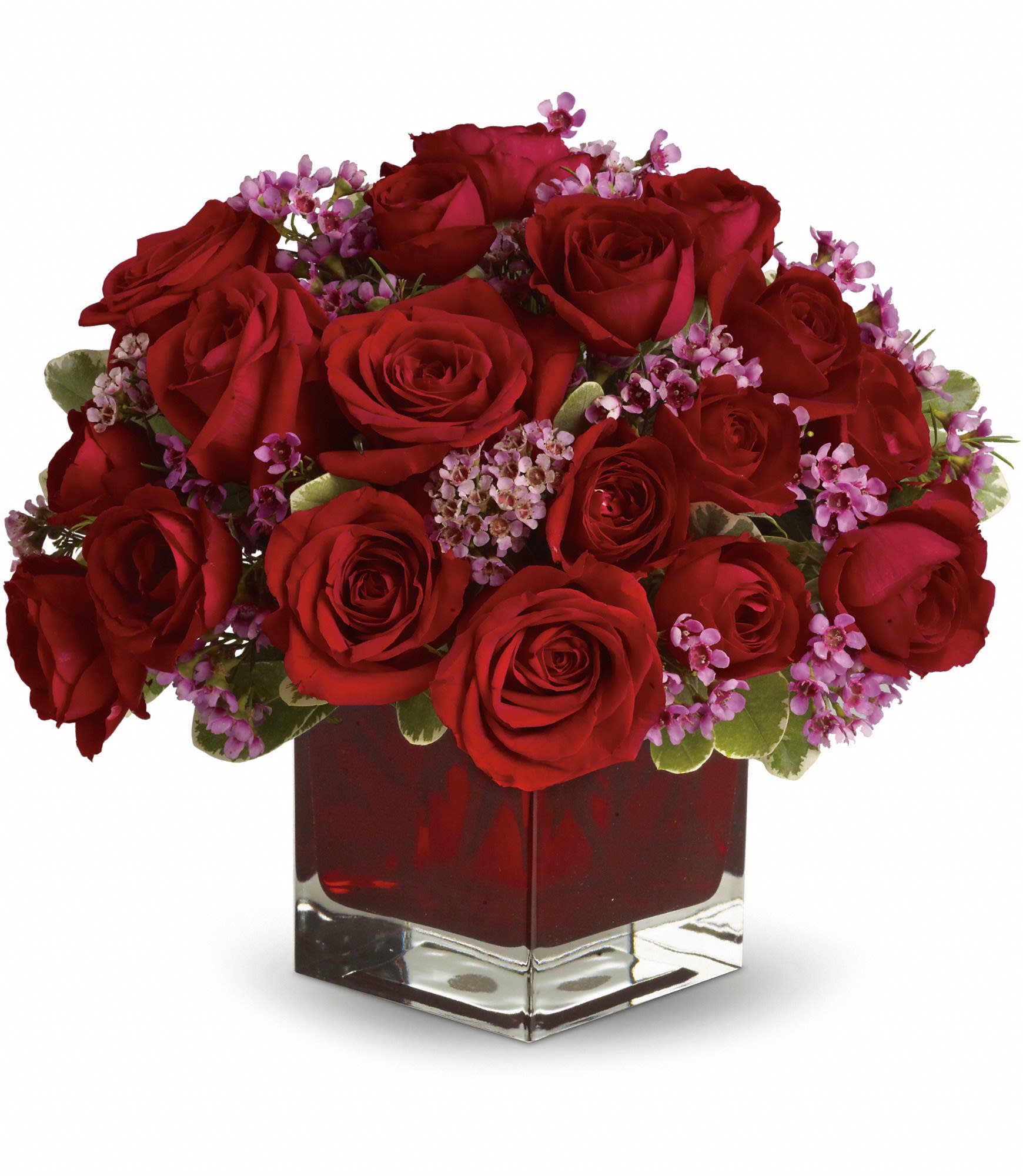 Never Let Go by Teleflora - 18 Red Roses  - Let someone special know how much their love means to you by sending them this truly original arrangement. A vision in red with lavender accents, this beautiful gift is a poignant way to celebrate love that endures.  Eighteen pretty red roses with lavender waxflower and greens are delivered in a stunning ruby red cube vase.  Approximately 12&quot; W x 11&quot; H  Orientation: All-Around      As Shown : T65-1A     Deluxe : T65-1B     Premium : T65-1C  