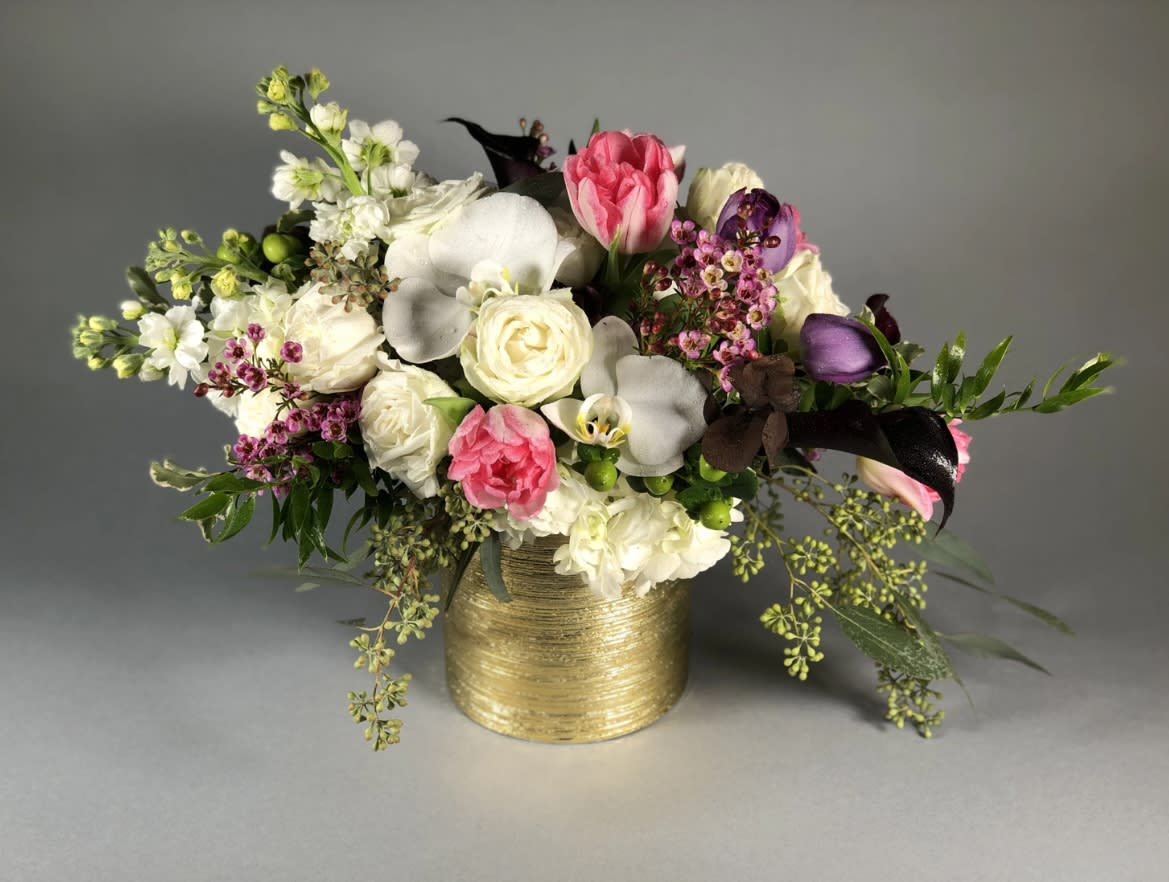 Chic Blooms - Gorgeous arrangement in gold vase