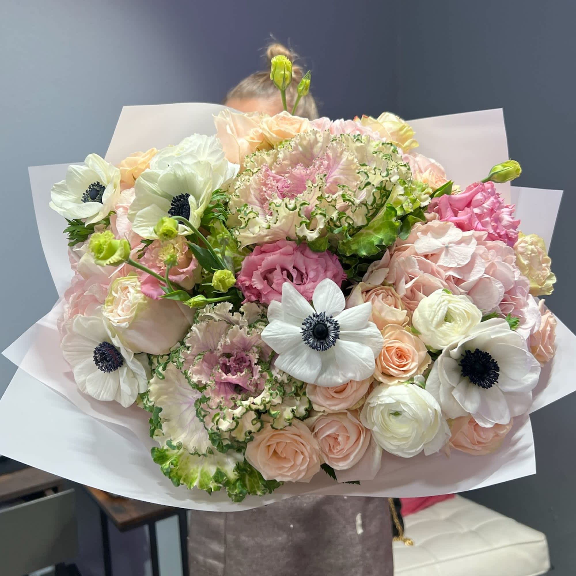 Graceful Serenity Bouquet Graceful Serenity Bouquet - Kale, Anemones, Hydrangea, Lisianthus and Roses