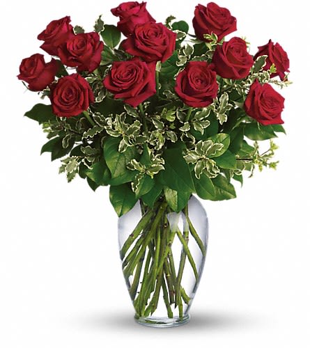 Always on My Mind - Long Stemmed Red Roses - A dozen gorgeous red roses are the perfect romantic gift to send to the one who's always on your mind and in your heart. Say &quot;I love you&quot; by sending this lovely arrangement of twelve radiant red roses and fresh greens delivered in a beautiful spring garden vase. Love always.Approximately 20&quot; W x 24&quot; H Orientation: All-Around As Shown : T64-1ADeluxe : T64-1BPremium : T64-1C