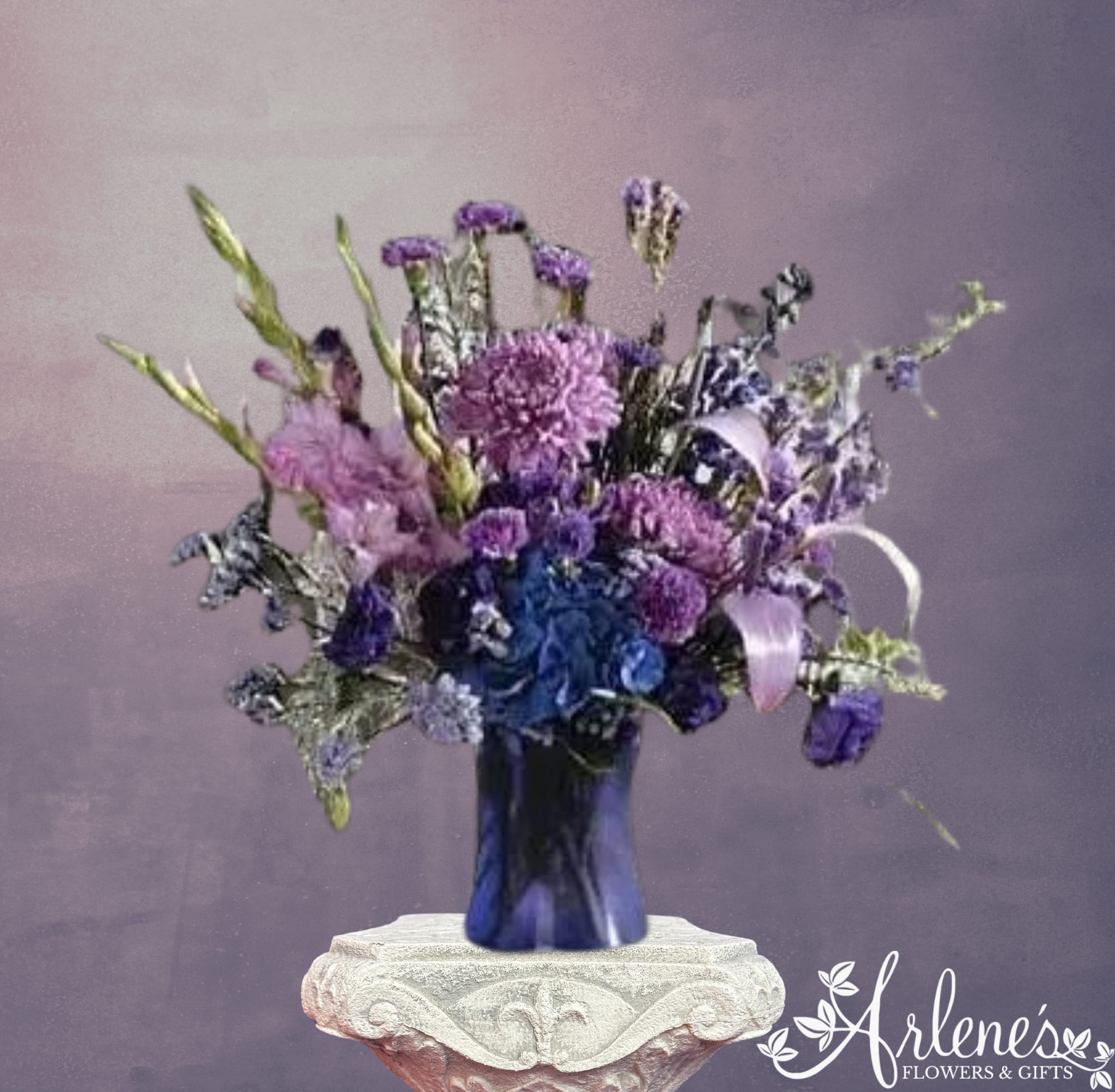 Purple Monochromatic Vase Arrangement - Gladiola, Liatris, Lisianthus, larkspur, delphinium, hydrangea, statice, carnations, mini carnations, buplerums anthirium