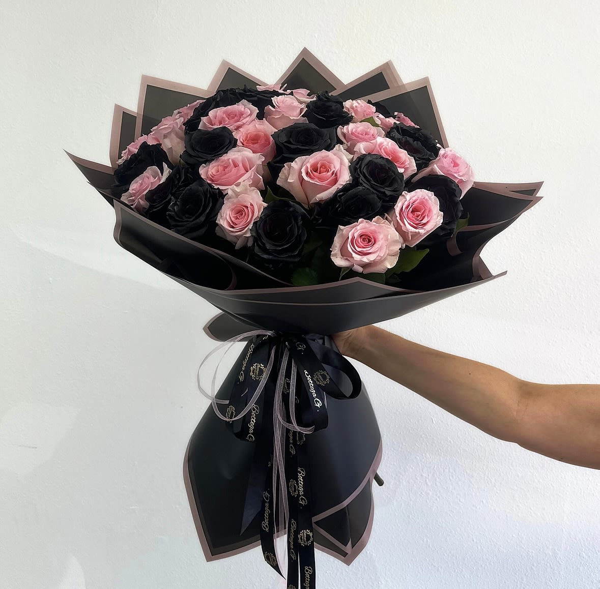 Spooky Fall Bouquet - Pink &amp; Black roses spiraled into a Halloween &quot;haven&quot;.