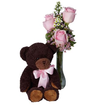 Beary Pink - Pink Roses with pink wax flowers &amp; baby's breath in a clear glass bud vase with a medium teddy bear w/a pink bow.
