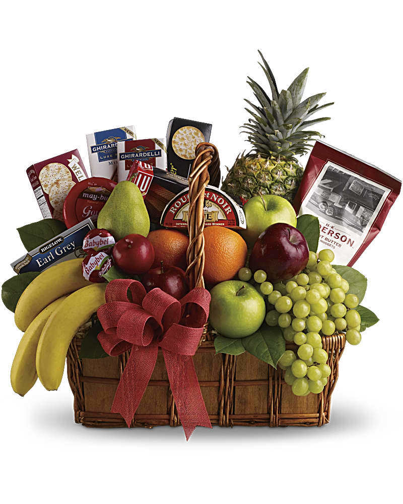 Bon Vivant Gourmet Basket - Apples, pears, oranges, grapes, bananas and a pineapple are presented with cheeses, crackers, tea and other savory snacks in a natural gift basket that's trimmed with a bow.