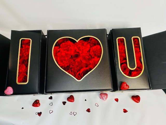 &quot; I LOVE U&quot; Eternal Rose Box in specialty bag - Eternal stacked box filled withlong lasting red roses &amp; carntions.