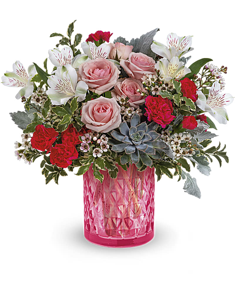 Sweet Crystal Bouquet - Make your feelings crystal clear with this beautiful pink rose bouquet presented in a sophisticated pink glass vase with delicate diamond pattern. This bouquet features pink spray roses, white alstroemeria, miniature hot pink carnations, pink waxflower, dusty miller, pitta negra and a large green echeveria succulent plant. Delivered in Teleflora's Vintage Elegance cylinder