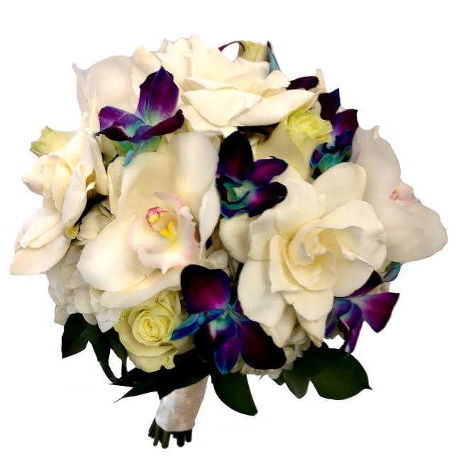 Collette Bridal Bouquet - This beautiful bridal bouquet features premium Gardenias, White Cymbidum Orchids, Blue Bombay Dendrobium Orchids, White Hydrangeas and White Roses -- exceptional flowers to complement an exquisite bride on her most special day.  Deluxe package includes both Bridal and Toss Bouquet.  All of our wedding work is custom, and we can create any bouquet you've always wanted. Contact us online or call us at 619-237-8842 to discuss color options or to schedule a complimentary wedding consultation with one of our wedding designers; you will be glad you did!