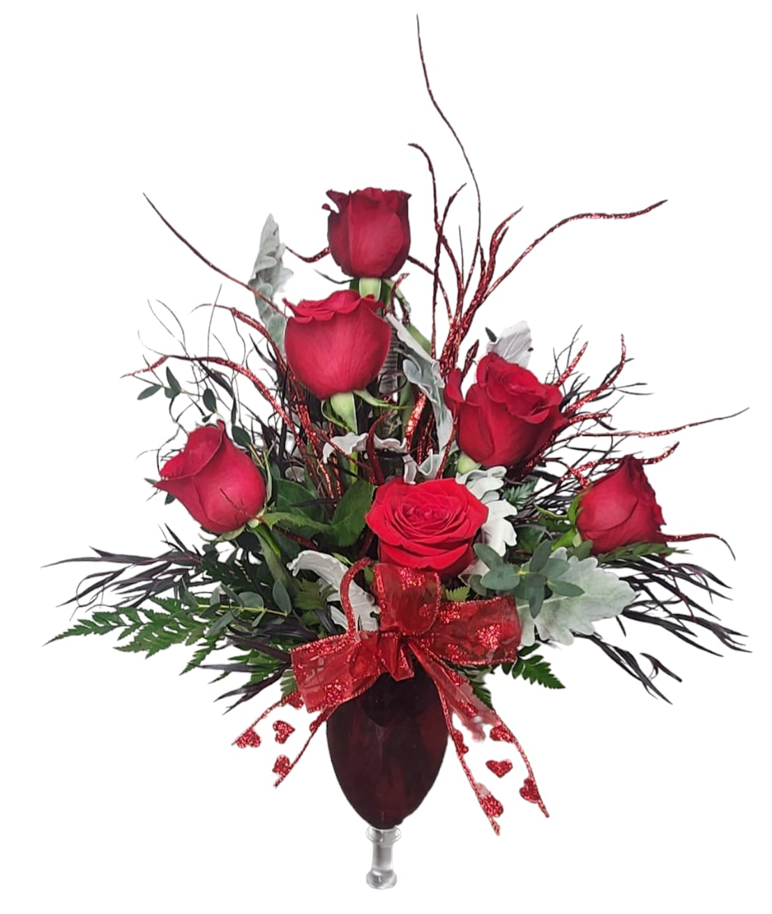 Sparkling Rose' Blossoms - Sip in the love the Sparkling Rose' Blossoms design gives. This exquisite design features sparkling red roses in a wine glass topped with a seasonal Valentine's Day bow. This is sure to please the senses.