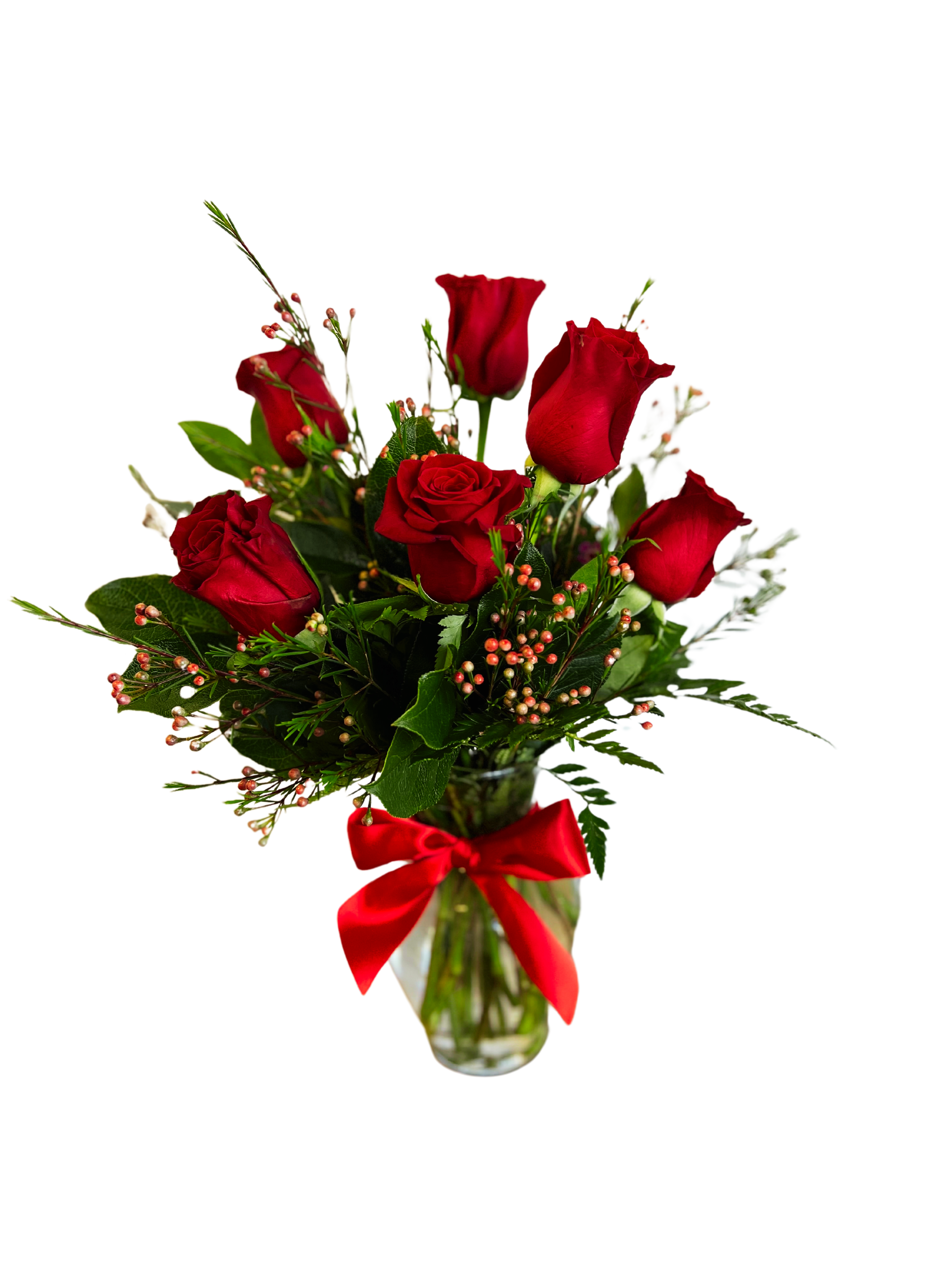 6 Red Roses - 6 Red Roses in a vase with beautiful greenery and filler