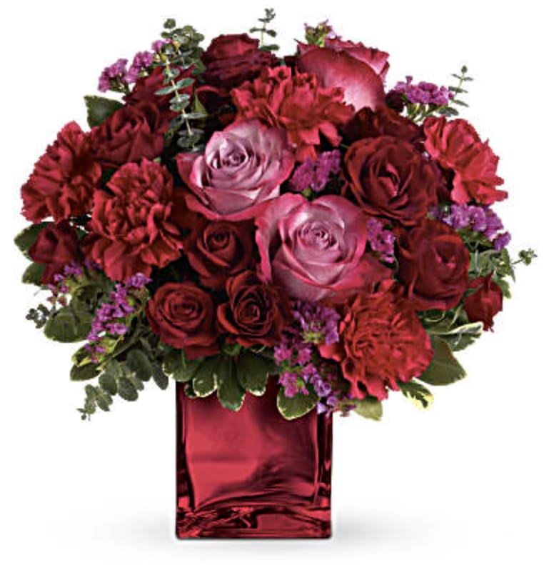 Ruby Rapture Bouquet - Pure passion. Bedazzle your beloved with luscious red and lavender roses in our stunning red mirrored glass cube. What a dramatic reflection of your affection!