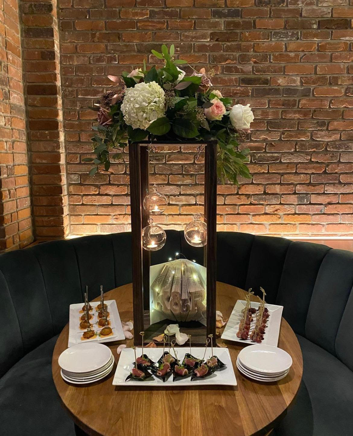 Party Centerpiece. Party Centerpiece. - Elegant centerpiece filled with hydrangeas, roses and greenery.
