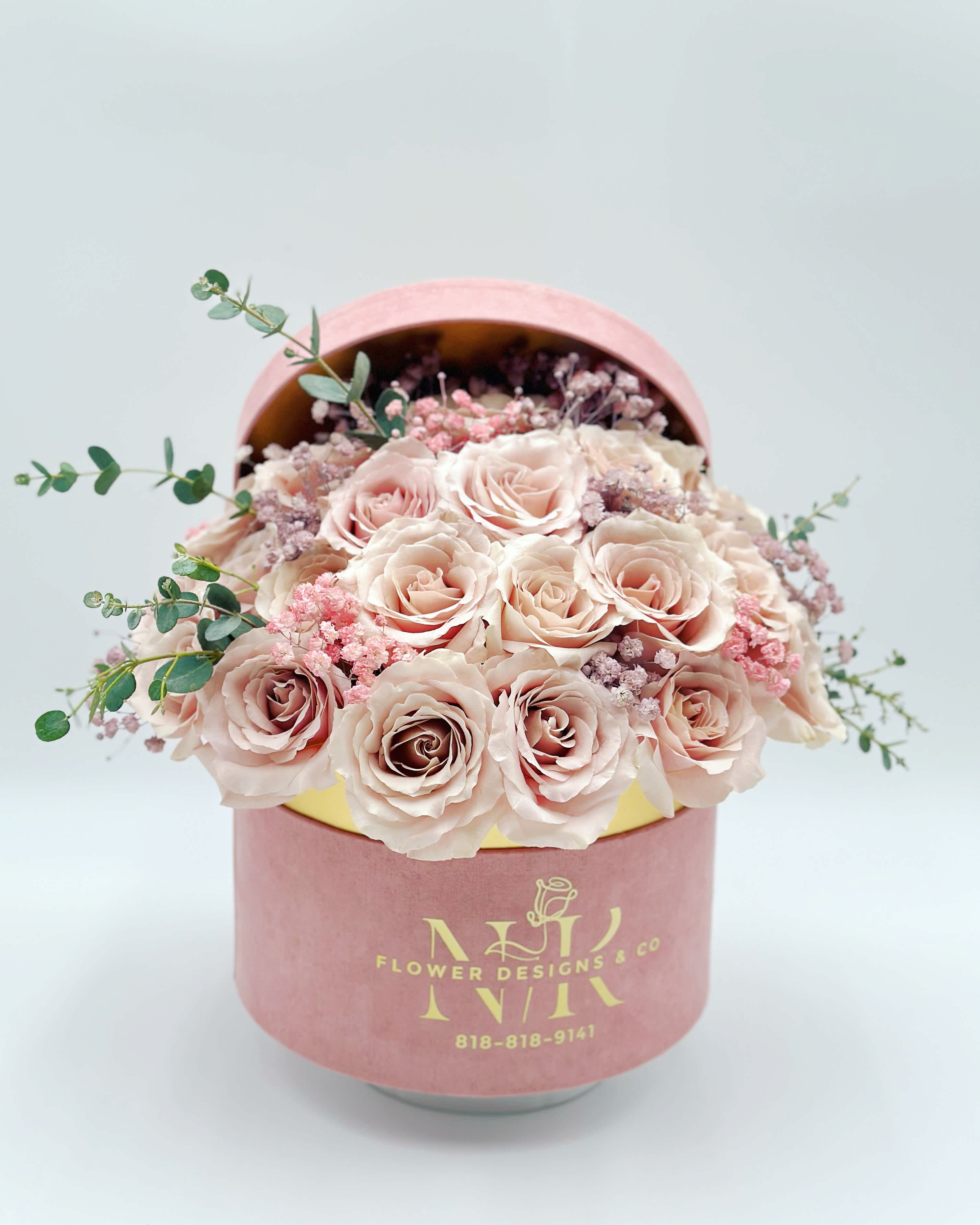 Roses In a Velvet Box! - Delicate combination of 25 large dusty pink roses with lavender and pink baby breath flowers! 