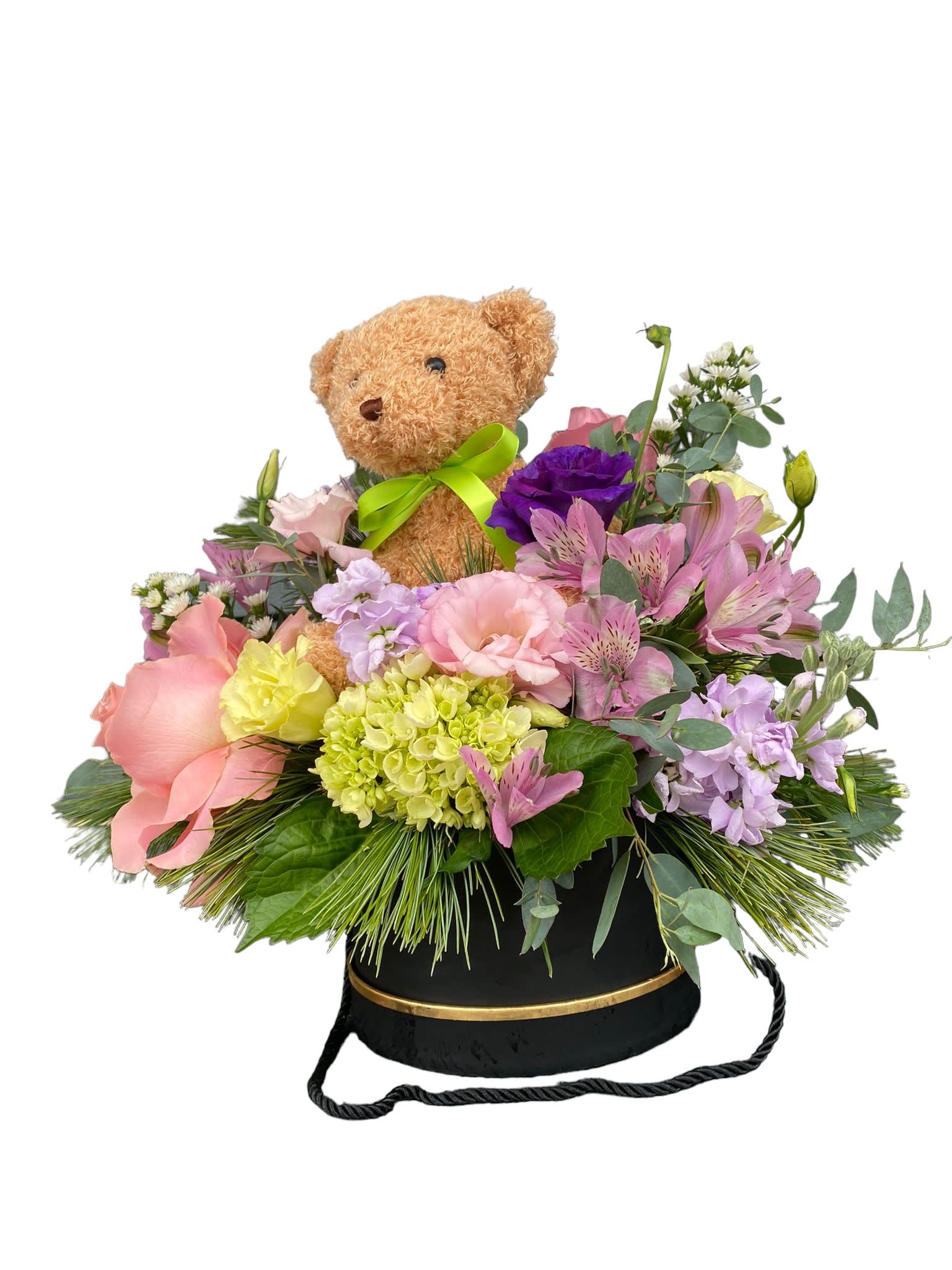 Chaney´s My Teddy Box - Colorful fresh cut flower mix in a trendy box, topped with a cute little teddy bear