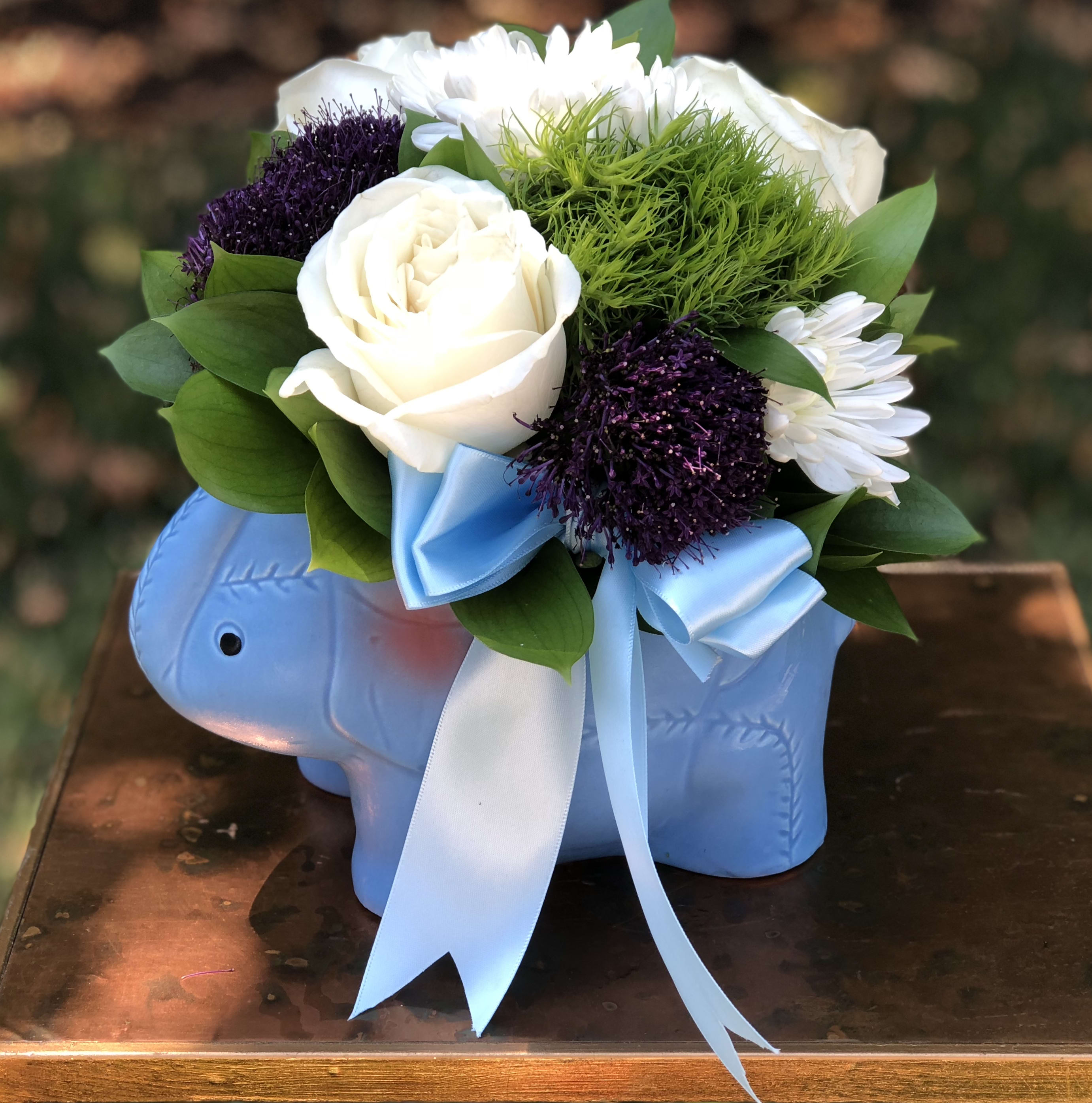 Ellie the Elephant - Adorable blue elephant vase filled white roses, purple trachelium and green dianthus. Sure to brighten any day. Tax free. Same day hand delivery.