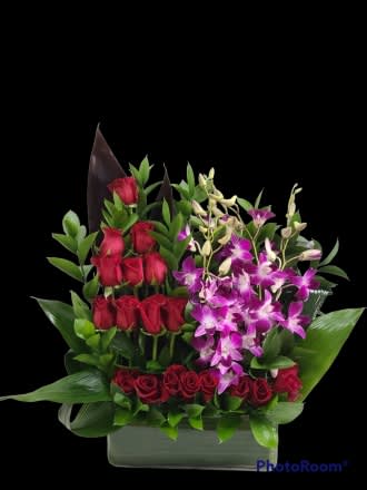 Contemporary Roses with Orchids FS23 - Sexy Red Roses with Vibrant Purple Dendrobium Orchids. Call us if you would like a different color combination. We are happy to customize for you!