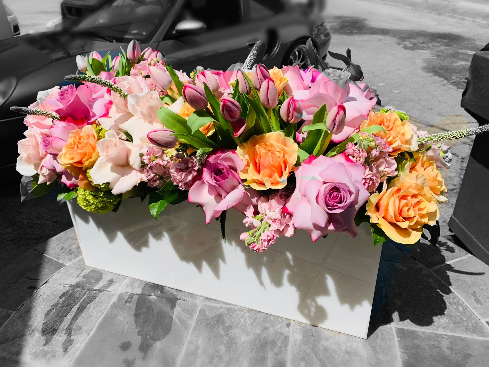 Mix European design in white wood box garden pastels - This beautiful design is for any occasion with a European look. Comes in nice wood box a garden of seasonal flowers in peach and lavenders and light pale pinks.