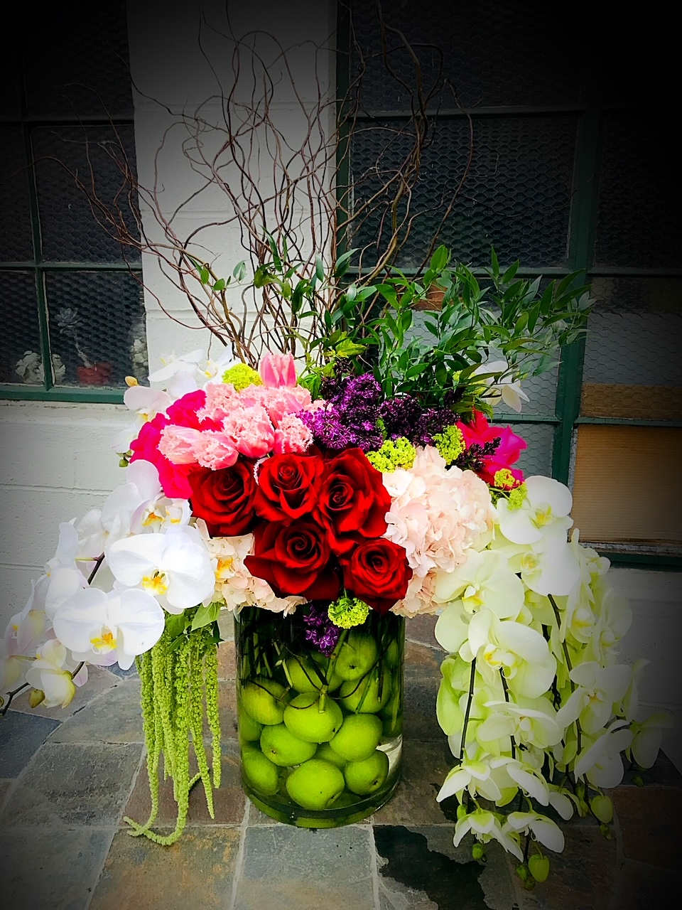 Green Apple delight  - Tall large vase with green apples and flowers in top European style.