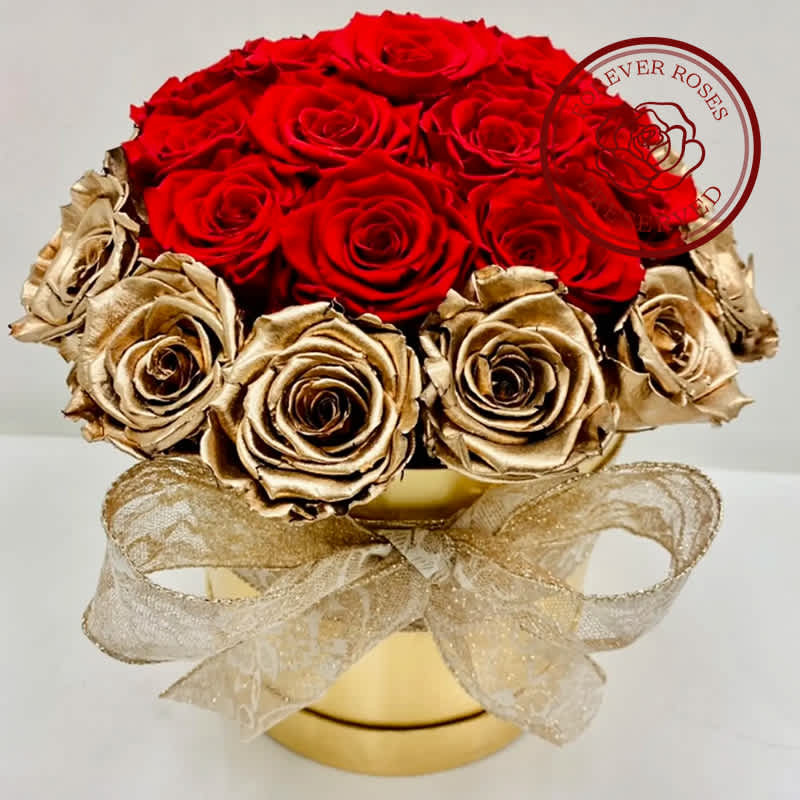 30 Romantic Forever Roses  - Special forever red and gold rosé’s arrangement. Very romantic gift that last all year!