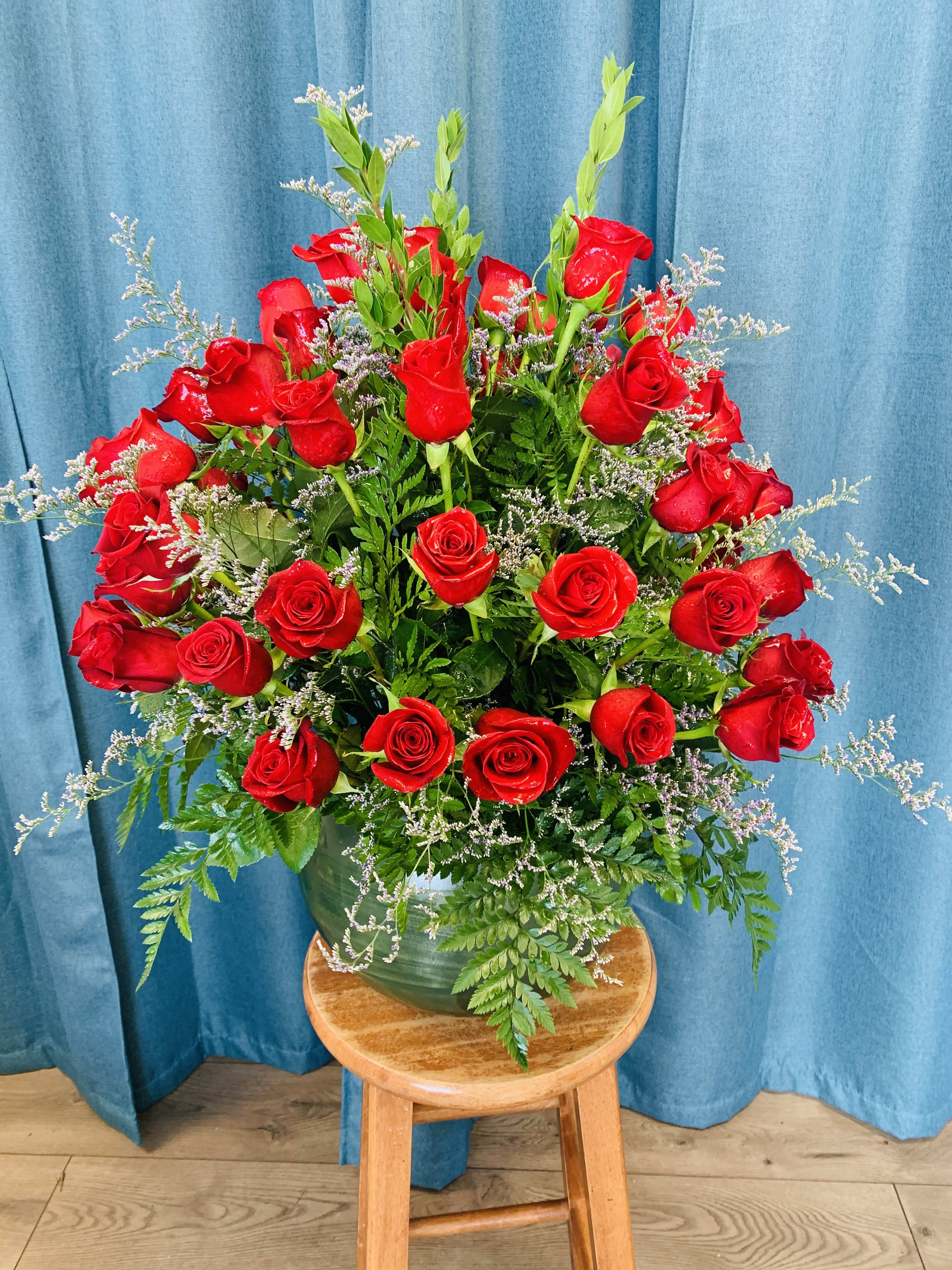 Will you love and need me at 64? (Beatles) - 64 roses in a stunning bouquet with greenery and  soft caspia