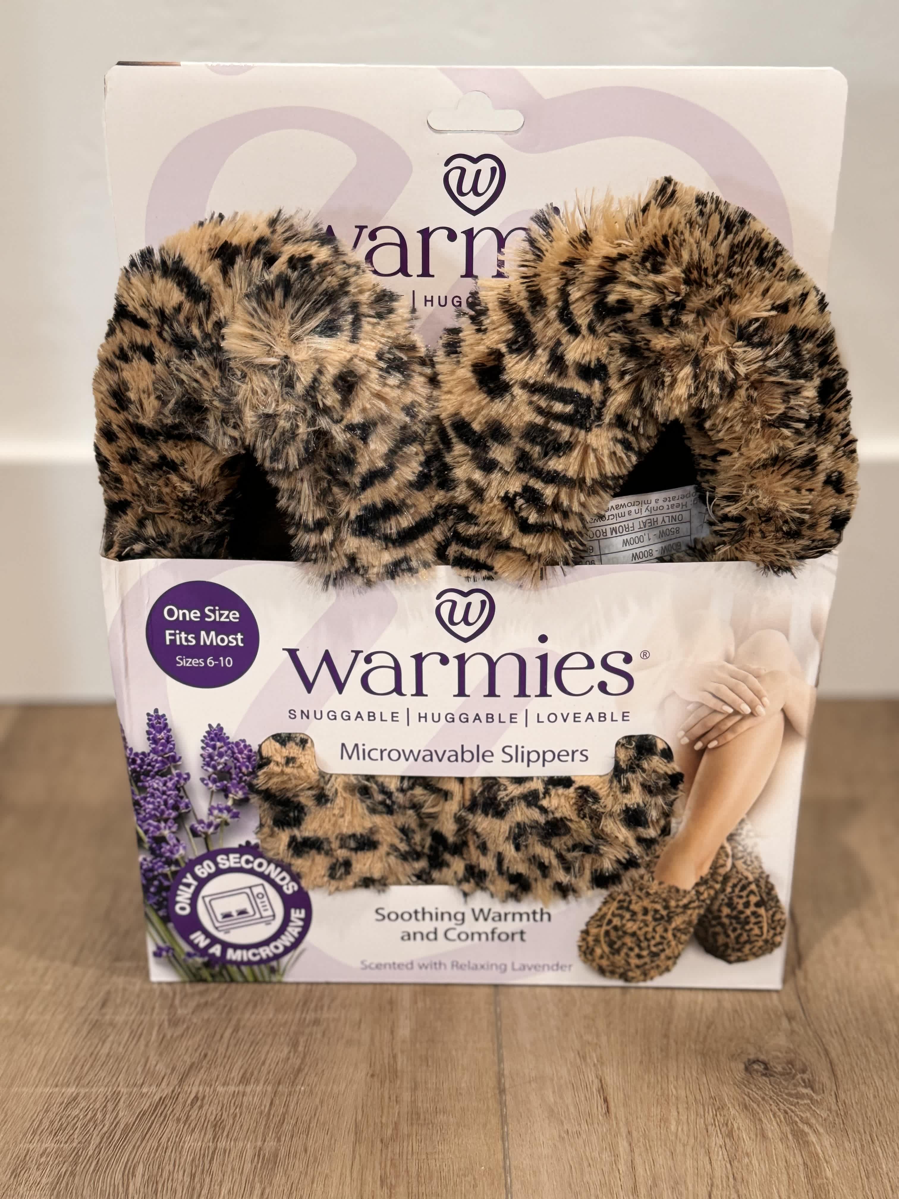 Leopard Print WARMIE Slippers (one Size) Leopard Print WARMIE Slippers (one Size) - Warm me in the Microwave! Scented with Relaxing Lavender. Soothes, Warms, and Comforts