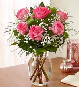 Pretty Pink Roses - A beautiful arrangement of 6 pretty pink roses with babies breath in a classic clear vase.