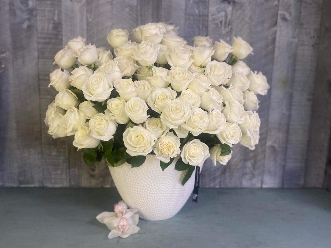 Five Dozen White Roses - An elegant assortment of five dozen white roses, pavé style in a gorgeous keepsake ceramic vase.  Picture and description is for the standard size. Deluxe and premium size will be filled with more flowers to the value purchased.