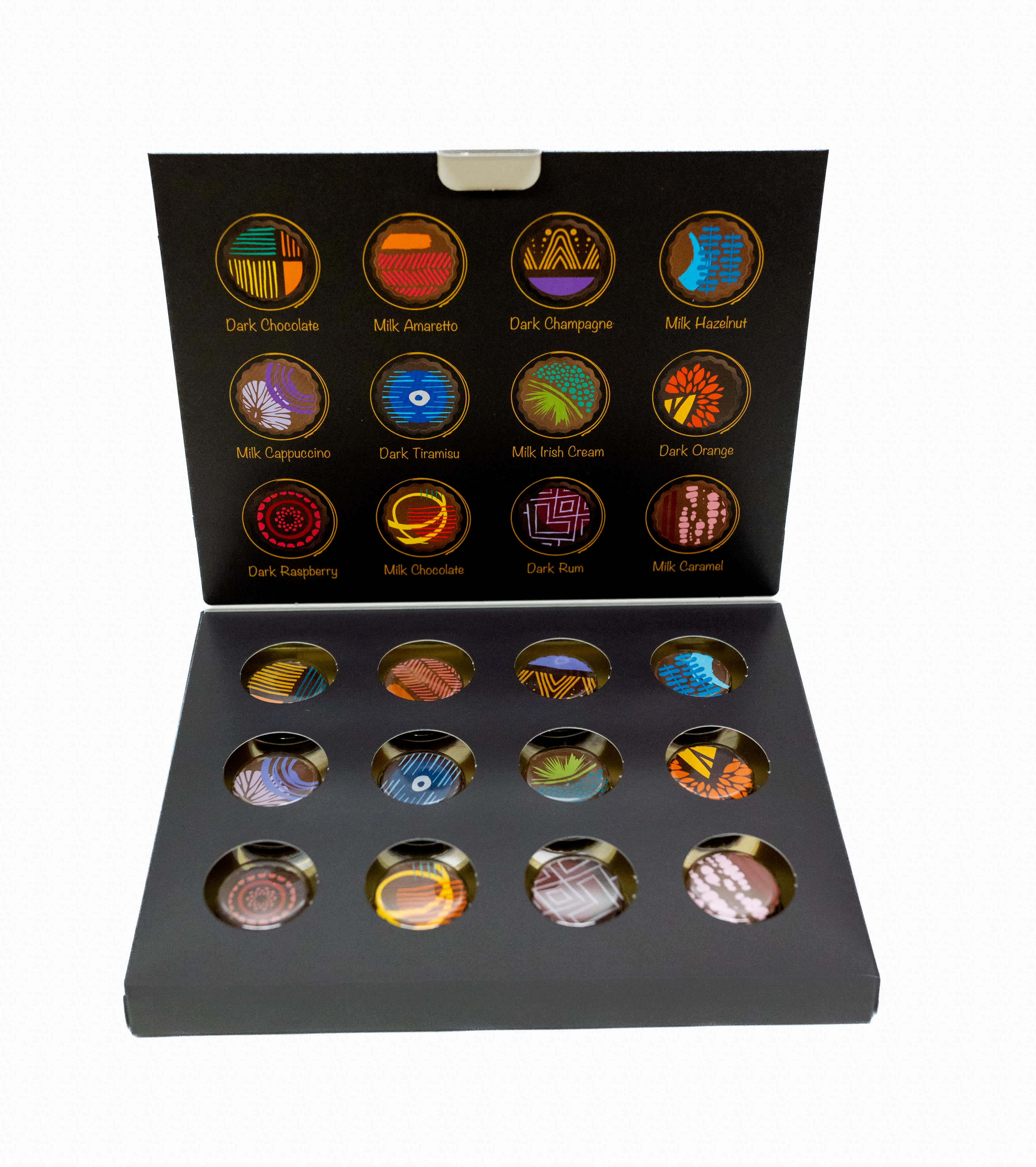 12 PIECE ARTISIAN TRUFFLES - These beautiful artisan truffle designs provide a feast for the eyes even before their chocolate goodness becomes a feast for you!  Contains a variety of everyone's favorite flavors