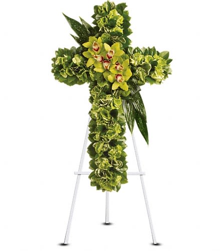Heaven's Comfort - A life-affirming gift of faith and hope is always appreciated in a family's darkest hours. This elegant cross delivers that message in a way that will touch many hearts. Green hydrangea along with a dazzling mix of exotic green flowers and leaves create a beautiful and textured cross delivered on an easel. Approximately 22&quot; W x 35&quot; H Orientation: One-Sided As Shown T247-1A