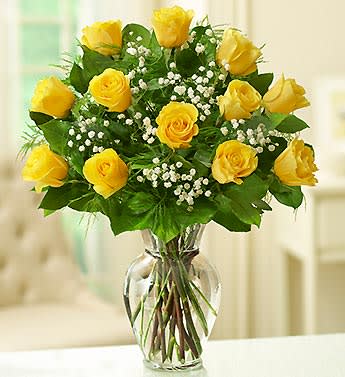 Rose Elegance- Yellow Roses - Brighten any celebration with a beautiful and brilliant bouquet of premium long-stem yellow roses. Hand-designed by our select florists, it's a stylish and vibrant gift that's sure to bring sunny smiles to their day. Our florists select only the finest, freshest long-stem yellow roses and arrange them by hand with fresh gypsophila in a classic glass vase.