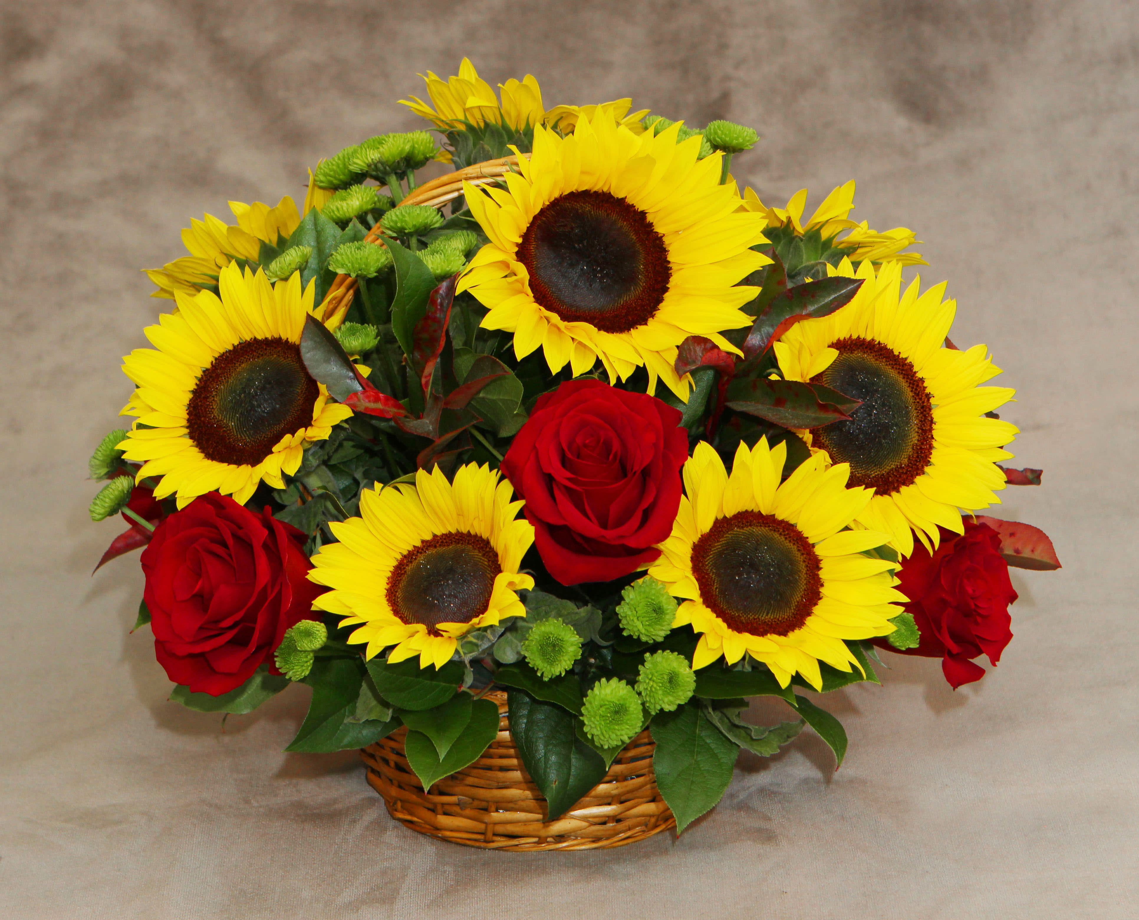 Sunflower Basket - A basket of sunflowers, red roses, green button pom, and fresh greens.