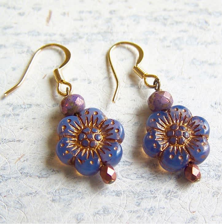 Wild Rose Earrings Orchid - Czech glass beads on surgical steel gold plated ear wires.