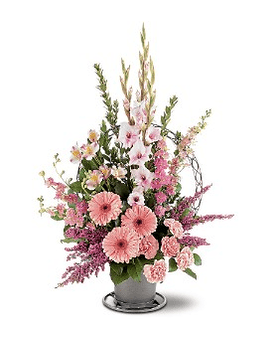 Hopeful Pink Basket - This beautiful arrangement with its varying tones of pink will send your message of hope out to all those at the service. One funeral basket with handle is delivered with pink alstroemeria carnations gerberas gladiola, heather and larkspur. Approximately 25&quot; W x 36&quot; H Orientation: One-Sided