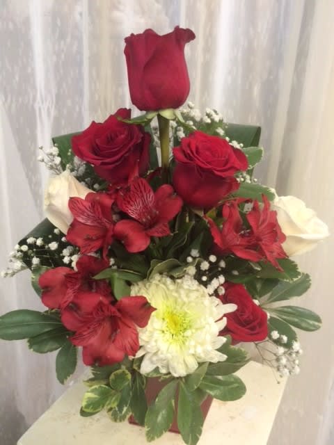 Just Because - A beautiful arrangement of Red &amp; White Roses accompanied by a white crysanthramum and red alstromeria nestled in a bed of baby's breath and variegated/dark green greenery arranged in a clear glass vase. 